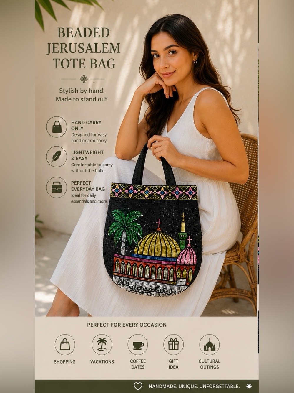 Hand-Beaded Black Tote with Green & Pink Accent Mosque Motif